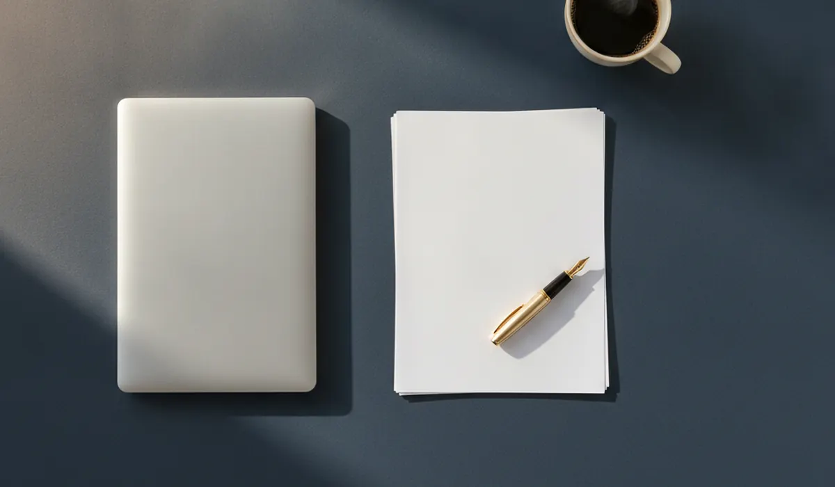 Aufgeräumter Schreibtisch mit Laptop, Papieren und Kaffee als Sinnbild für strukturierte Verwaltung